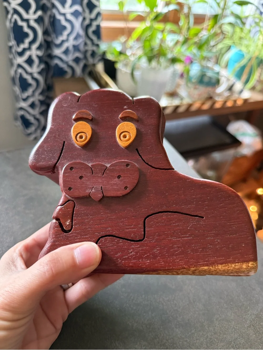 Handmade Wooden Dog Puzzle Box - Red Brown with Yellow Eyes